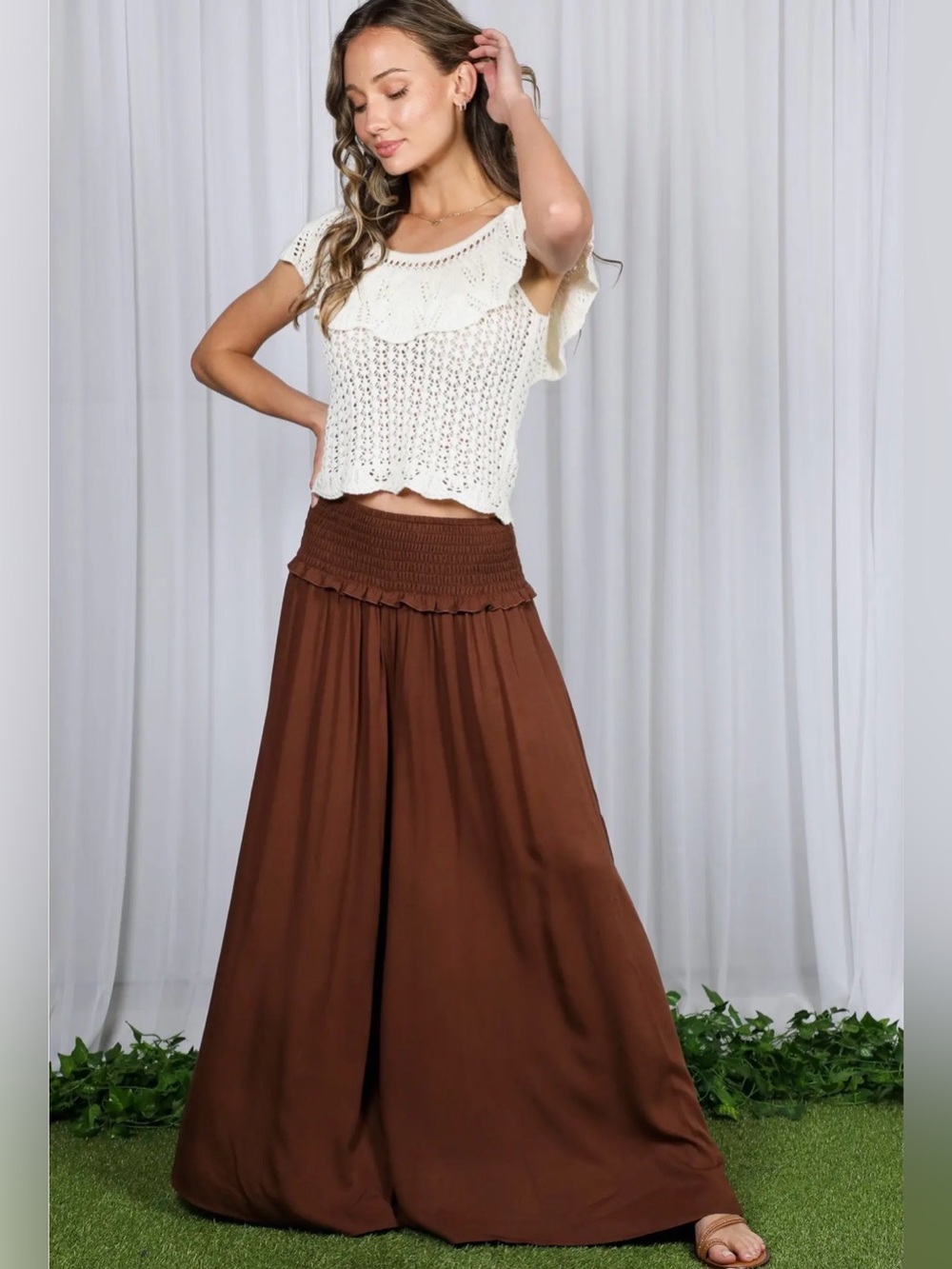 Boho Smocked with Ruffle Wide Leg Pants | SM150 - Picture 8 of 9